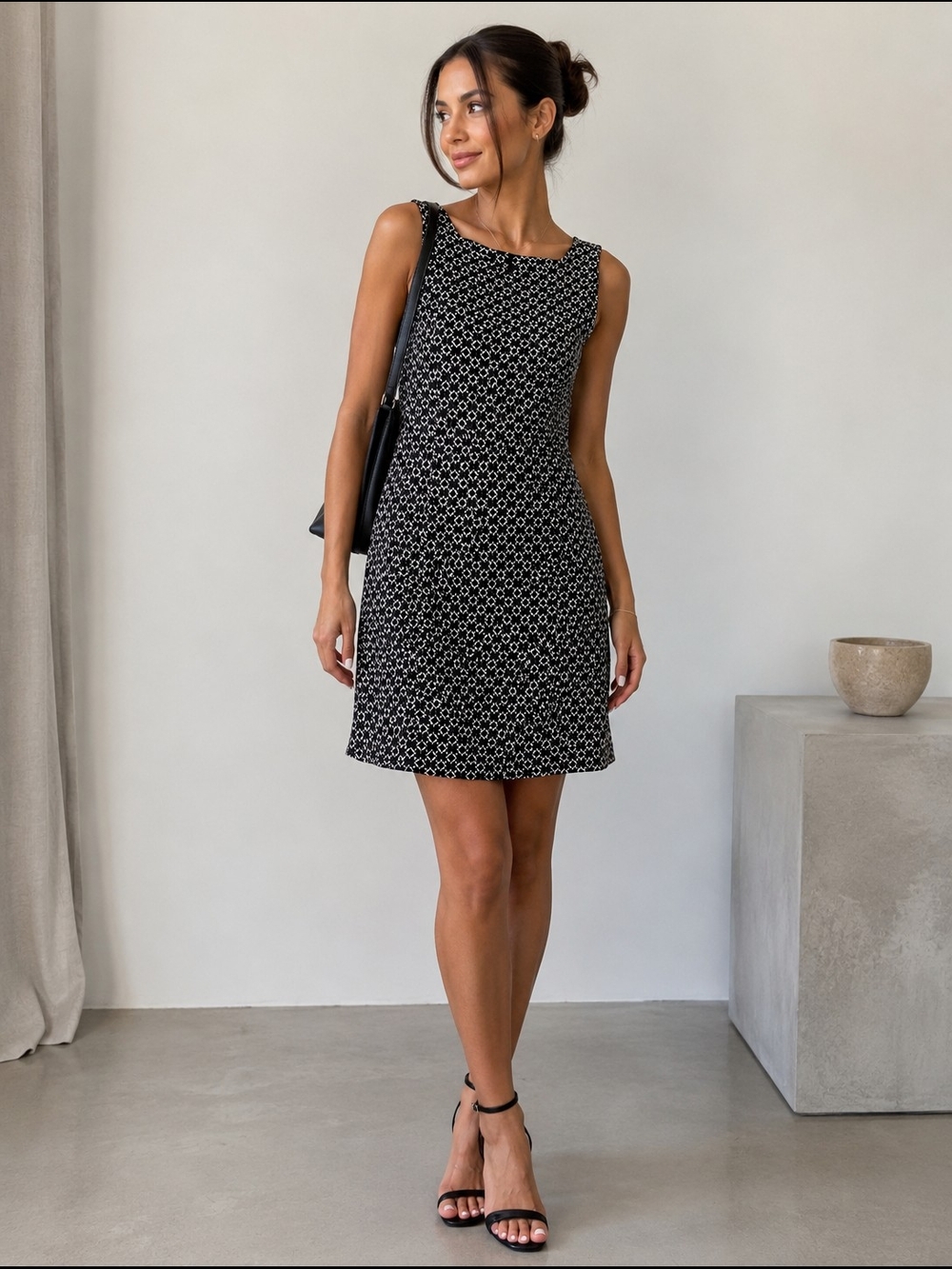 Mario Serrani Sleeveless Black & White Patterned Shift Dress